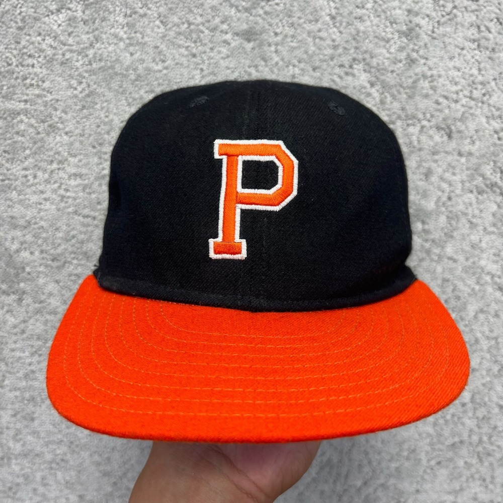 VINTAGE New Era Fitted Hat Mens Size 7 1/4 Black Orange Pro Model P Logo Cap